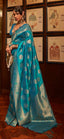 Sky Blue Elegant Banarasi Silk Blend Saree with Unstitched Blouse Piece ClothsVilla