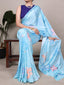 Sky Blue Elegant Floral Printed Satin Silk Saree with Mono Benglory Blouse Piece ClothsVilla