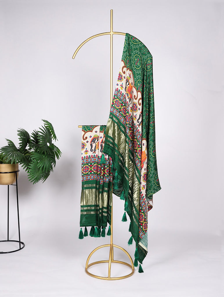 Stunning Green Gaji Silk Bandhej Dupatta with Digital Print & Lagadi Patti Work ClothsVilla
