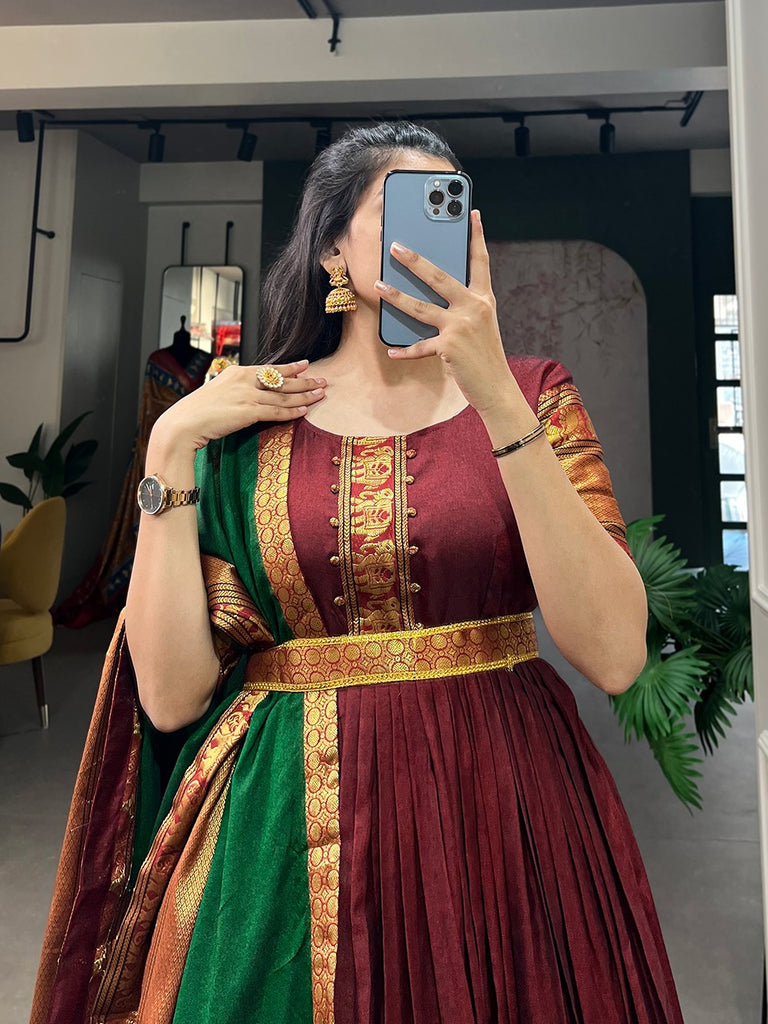 Stunning Maroon Traditional Narayanpet Gown with Dupatta & Belt ClothsVilla