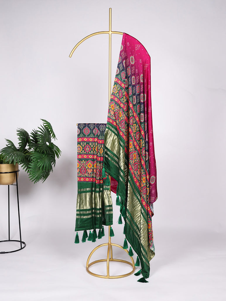 Stunning Rani Pink Gaji Silk Bandhej Dupatta with Digital Print & Lagadi Patti Work ClothsVilla