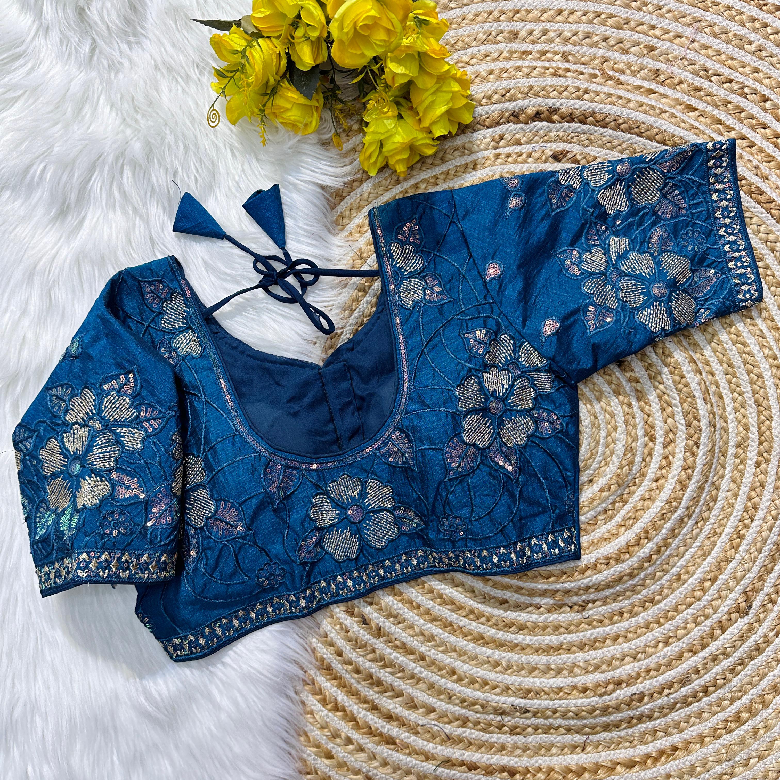 【Bluelea】 Embroidery organdy blouse【値下げ】 Teal Blue Soft Silk Blouse with Beautiful Embroidery and Seq