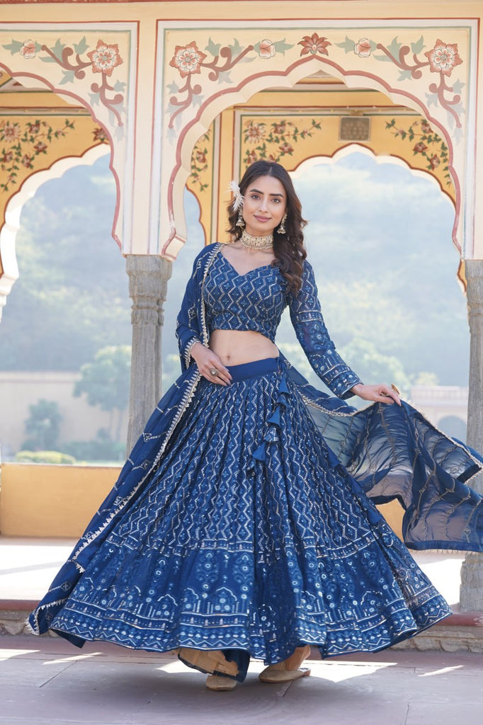 Shimmering Teal Faux Georgette Lehenga Choli with Sequins & Thread Work ClothsVilla
