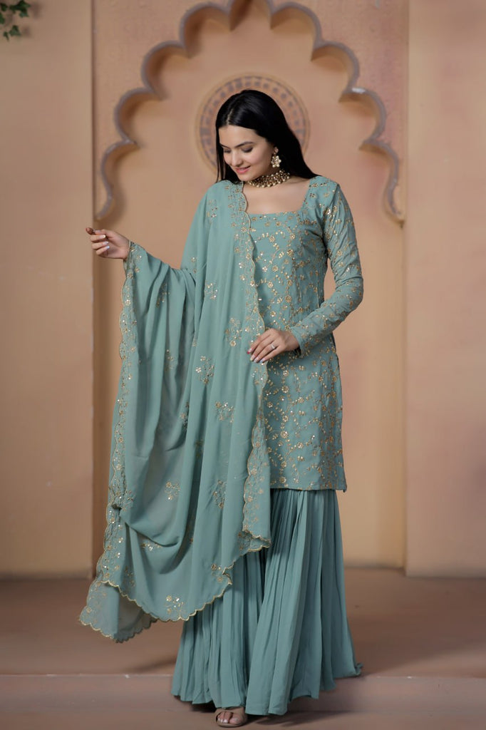 Teal Grey Premium Designer Readymade Top-Sharara-Dupatta Collection ClothsVilla