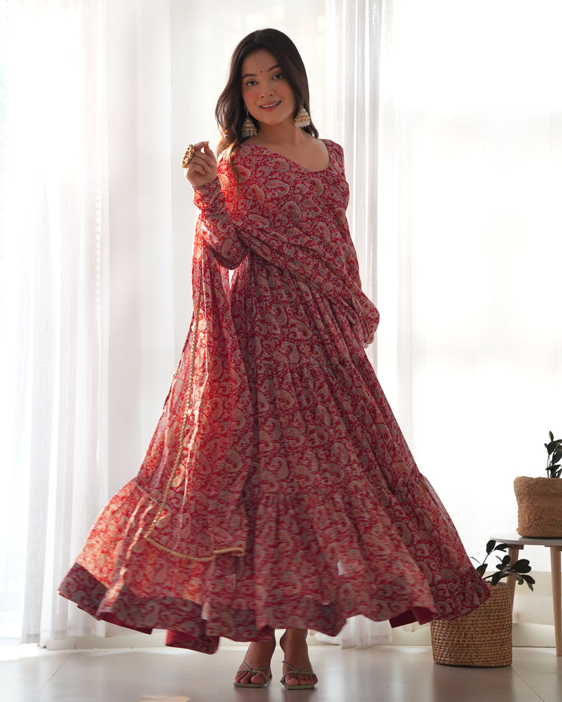 Venetian Red Dazzling Fox Georgette Kalamkari Anarkali Set for Festivities & Weddings ClothsVilla