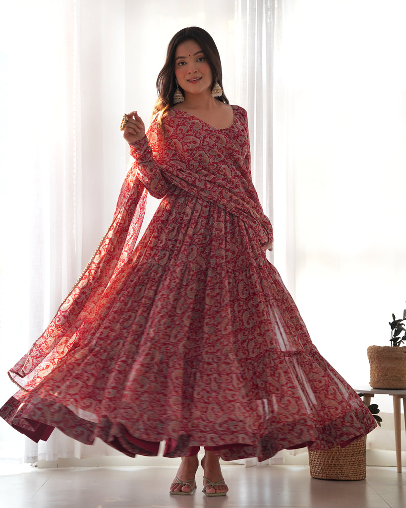 Venetian Red Dazzling Fox Georgette Kalamkari Anarkali Set for Festivities & Weddings ClothsVilla