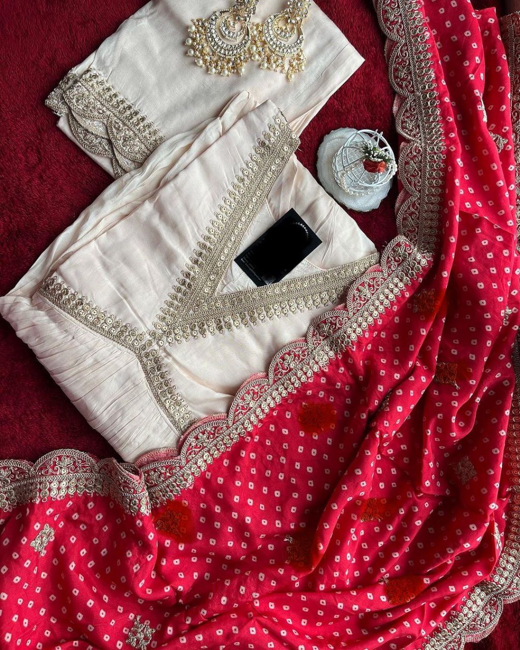 White Alia Cut Suit Set - Party Wear Dress with Gorgeous Dupatta & Pants - S / Red White Alia Cut Suit Set - Party Wear Dress with Gorgeous Dupatta & Pants - S / Red