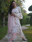 White Elegant Block Printed Kurta Pant Dupatta Set in Magic Cotton and Kota Silk ClothsVilla