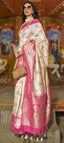 White Elegant Handloom Banarasi Silk Blend Saree with Woven Work & Blouse Piece ClothsVilla