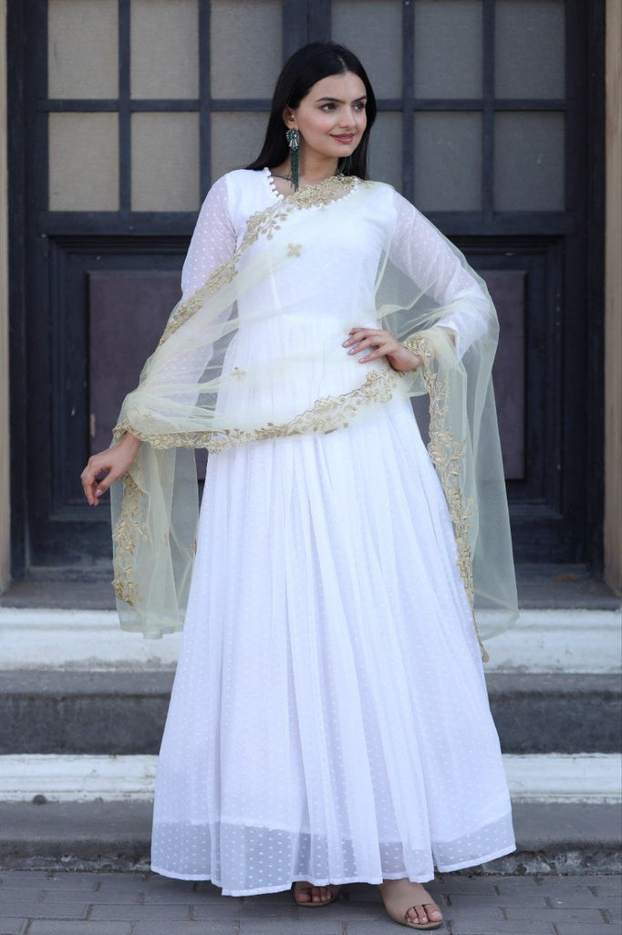 White Thousand Butti Faux Georgette Gown with Embroidered Butterfly Net Dupatta ClothsVilla