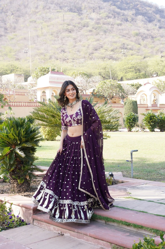 Wine Designer Faux Blooming Lehenga Choli with Shimmering Sequins & Lace ClothsVilla