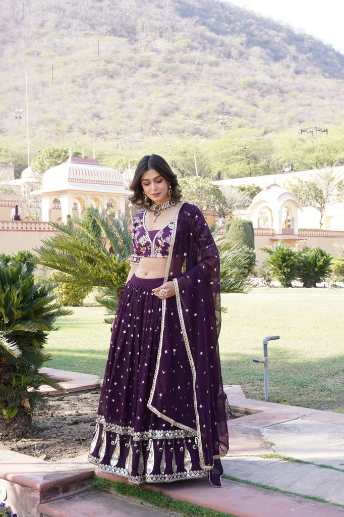 Wine Designer Faux Blooming Lehenga Choli with Shimmering Sequins & Lace ClothsVilla