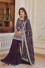 Load image into Gallery viewer, Wine Faux Blooming Sequins &amp; Zari Embroidered Readymade Gharara Suit Set ClothsVilla