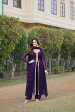 Load image into Gallery viewer, Wine Premium Readymade Kurti Pant Dupatta Set in Faux Blooming &amp; Embroidery ClothsVilla