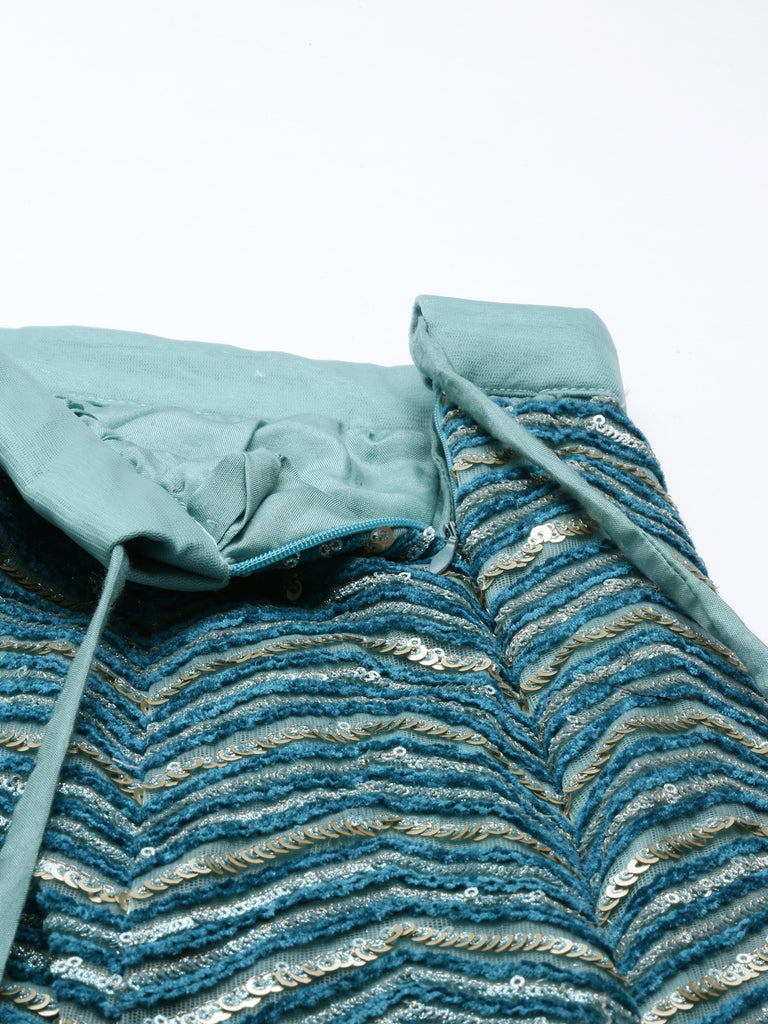 Women Sea Green Net Zig-Zag Embroideried Semi-Stitched Lehenga, Unstitched Blouse & Dupatta Clothsvilla