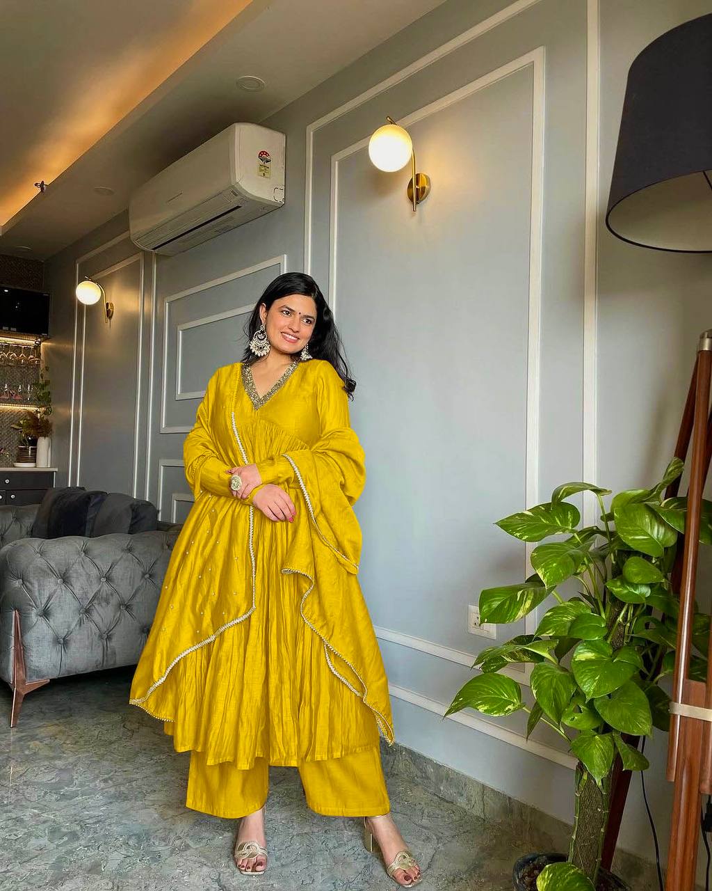 Yellow Elegant Party Wear Alia Cut Anarkali Gown Set with Du