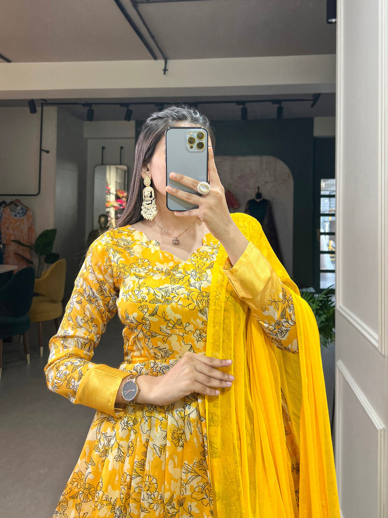 Yellow Tussar Silk Printed Gown with Foil Detailing & Chiffon Dupatta ClothsVilla