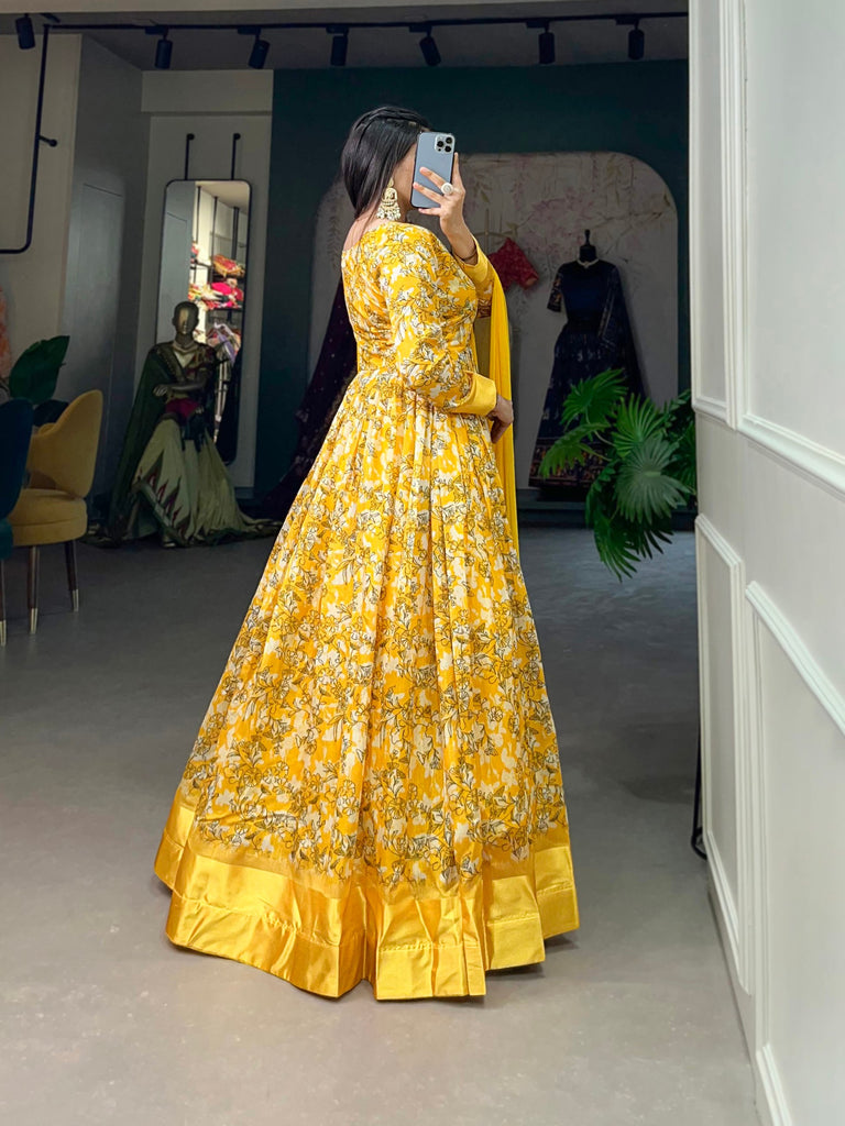 Yellow Tussar Silk Printed Gown with Foil Detailing & Chiffon Dupatta ClothsVilla