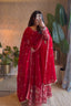 Karwa Chauth Silk-Finish Embroidered Gown Pant Dupatta Set – Red & Wine Maroon ClothsVilla