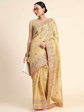 Load image into Gallery viewer, Gold Tissue Embroidered Panel Work Saree Chickoo Clothsvilla