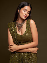 Load image into Gallery viewer, Superb Olive Green Sequined Georgette Party Wear Saree ClothsVilla