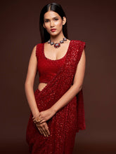 Load image into Gallery viewer, Hot Ruby Red Sequined Georgette Party Wear Saree ClothsVilla