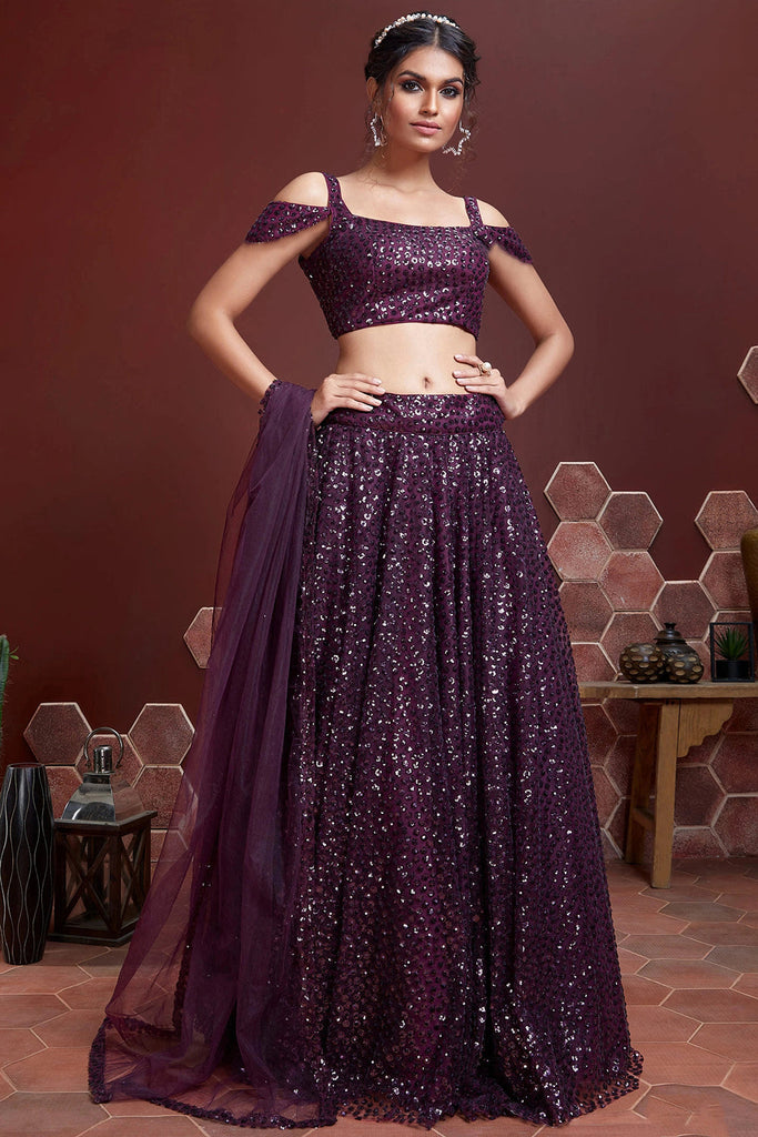 Wonderful Purple Sequins Embordered Soft Net Party Wear Lehenga ClothsVilla