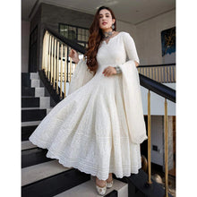 Load image into Gallery viewer, Milky White Designer Indian Anarkali Gown In Beautiful Chikan Kari Work with Organza Dupatta Set for Wedding, Party and Casual Wear ClothsVilla