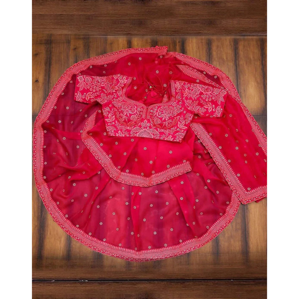Neon Pink Organza Silk Saree with Heavy Embroidery Work ClothsVilla