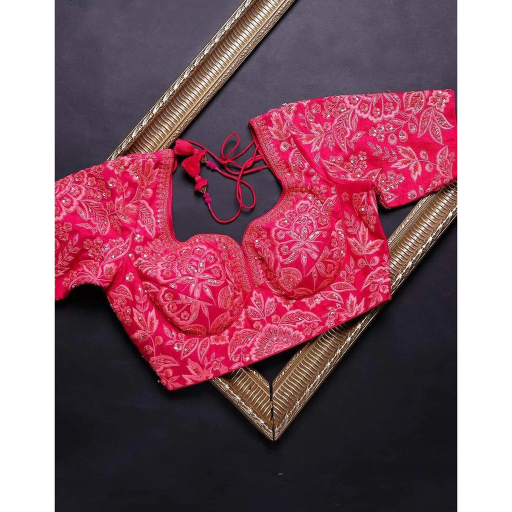 Neon Pink Organza Silk Saree with Heavy Embroidery Work ClothsVilla