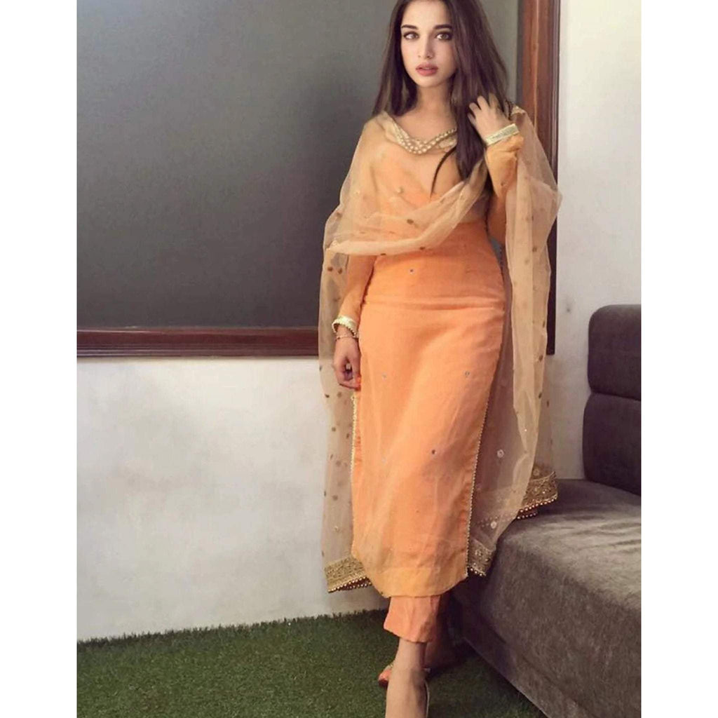 Orange Georgette Salwar Suit with Pearl Work Readymade Dupatta ClothsVilla