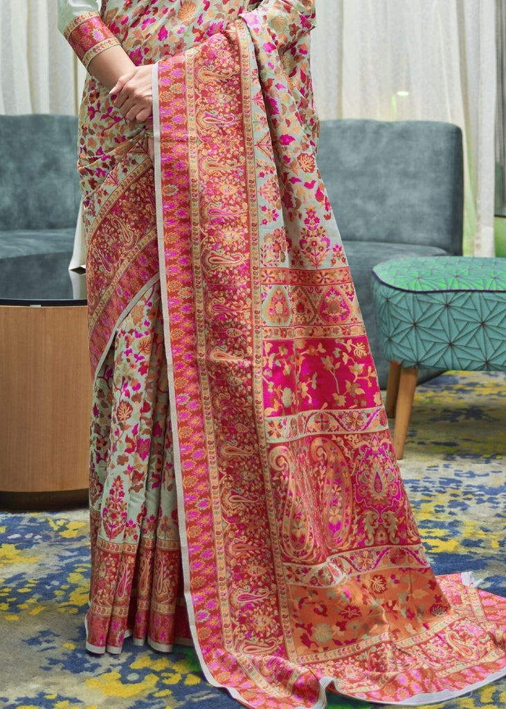 Light Pistachio Green Banarasi Jamawar Woven Silk Saree : Top Pick Clothsvilla