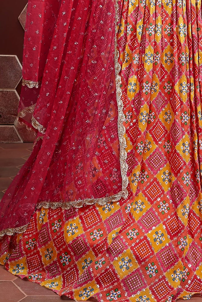 Gorgeous Red Digital Print Chinnon Silk Engagement Wear Lehenga Choli Clothsvilla