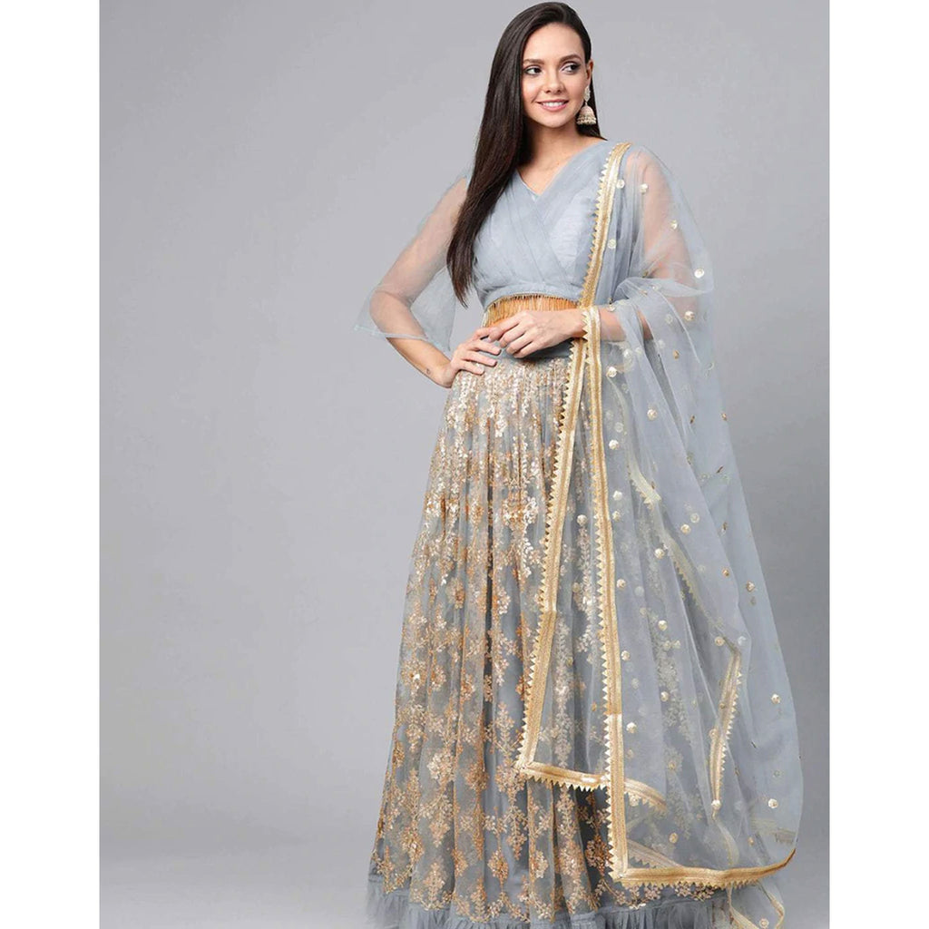Grey color Soft Net Lehenga with Heavy Embroidery work ClothsVilla