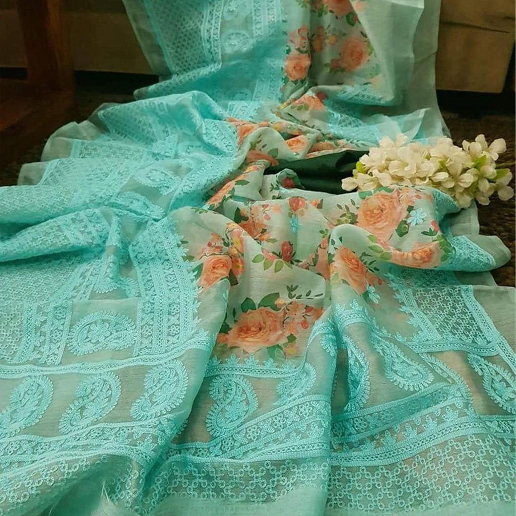 Organza Silk Saree with Beautiful Lucknowi Work and Blouse for Wedding ClothsVilla