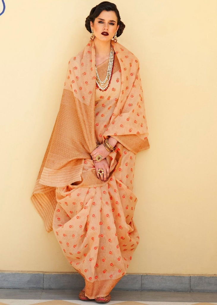 Cantaloupe Orange Pure Linen Woven Silk Saree with Zari work on Border and Pallu Clothsvilla