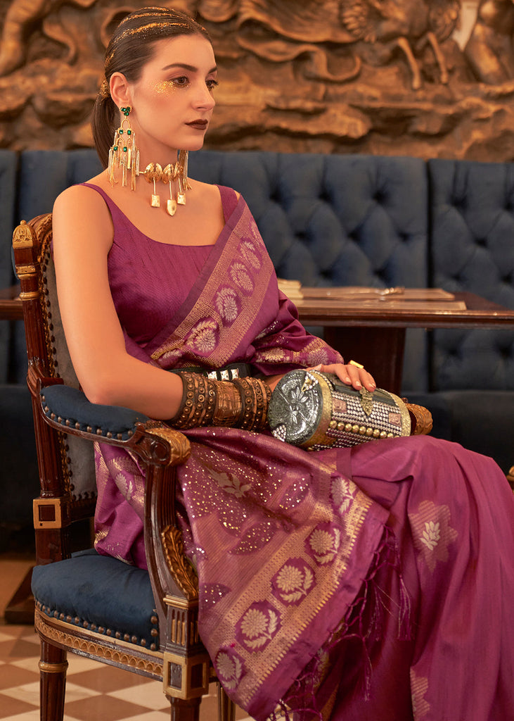 Royal Purple Woven Tussar Silk Saree with Sequins Work Clothsvilla
