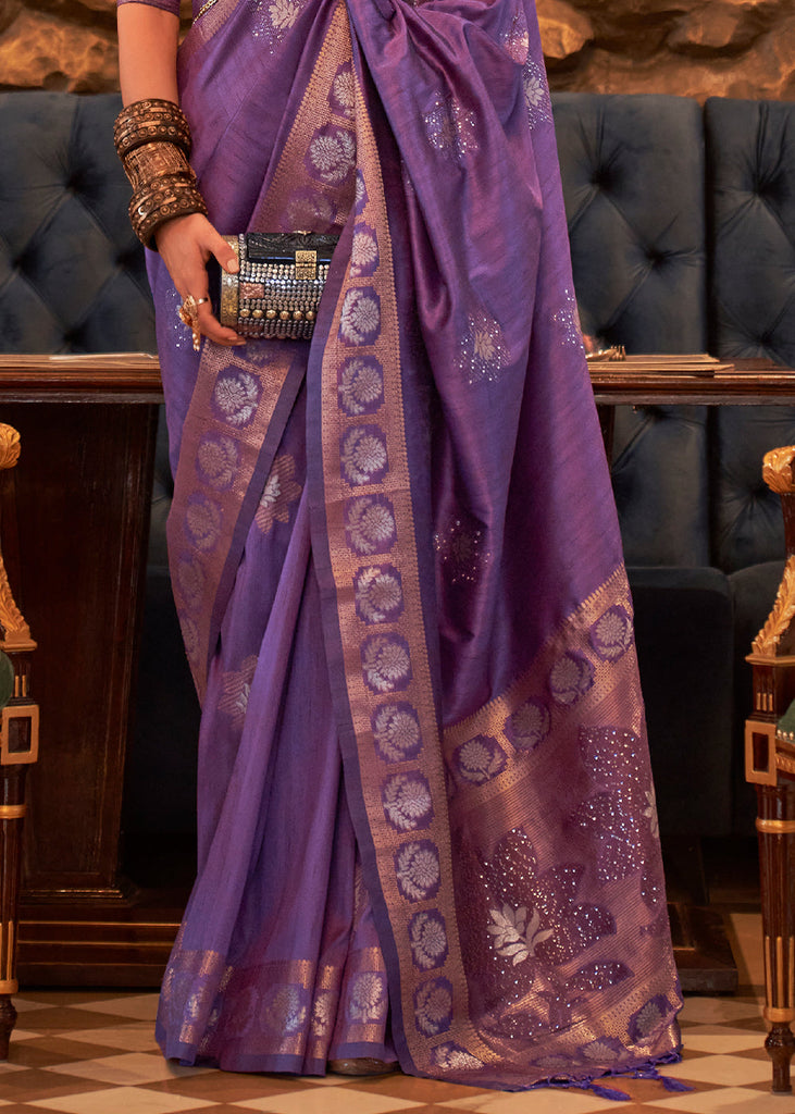 Indigo Purple Woven Tussar Silk Saree with Sequins Work Clothsvilla