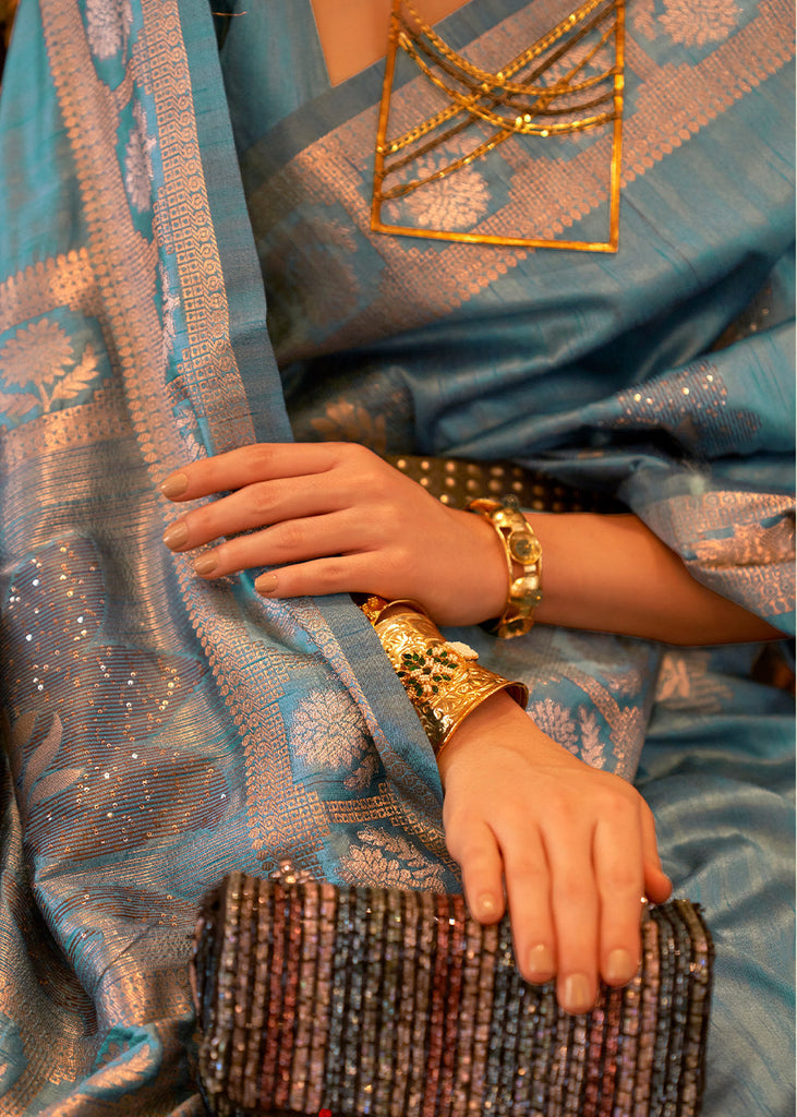 Light Pacific Blue Woven Tussar Silk Saree with Sequins Work Clothsvilla