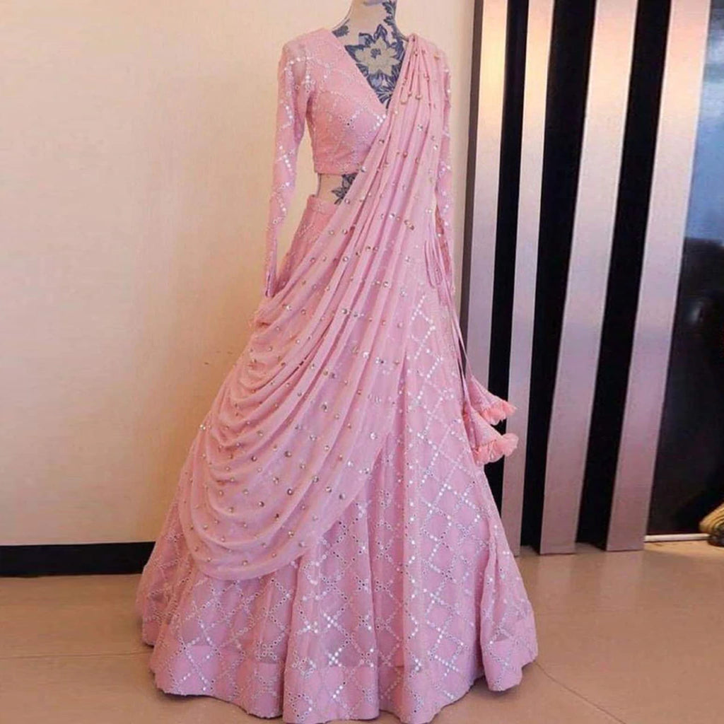Pink Color Faux Georgette Lehenga Choli with Embroidery Mirror Work ClothsVilla