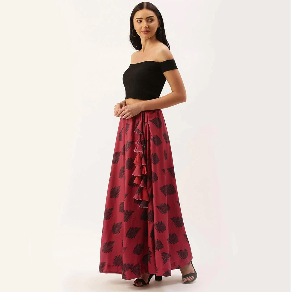 Red And Dark Red Combinational Skirt with Digital Print ClothsVilla