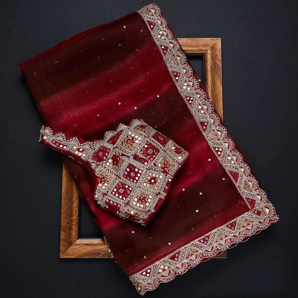 Red Color Organza Saree with Dori, Foil and Thread work ClothsVilla