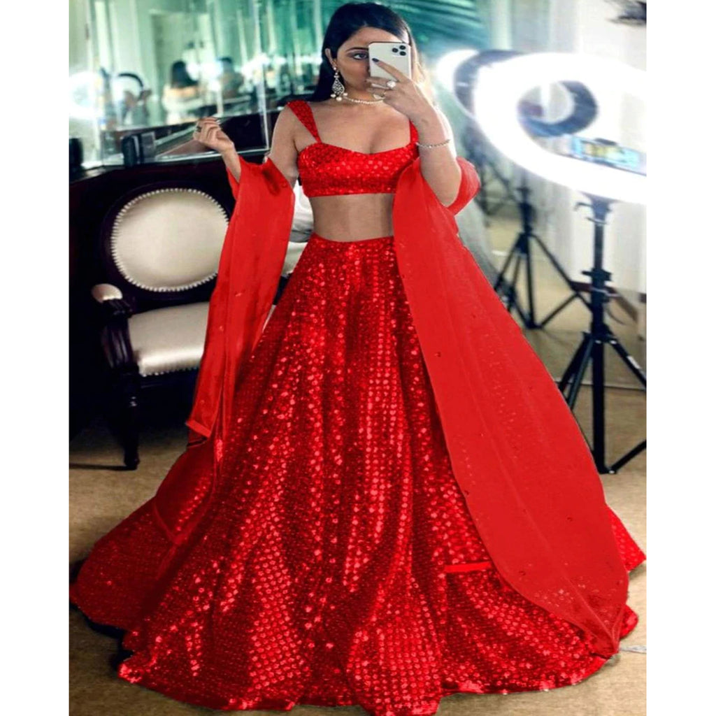 Red Lehenga Choli with Heavy Embroidery and Sequence Work ClothsVilla