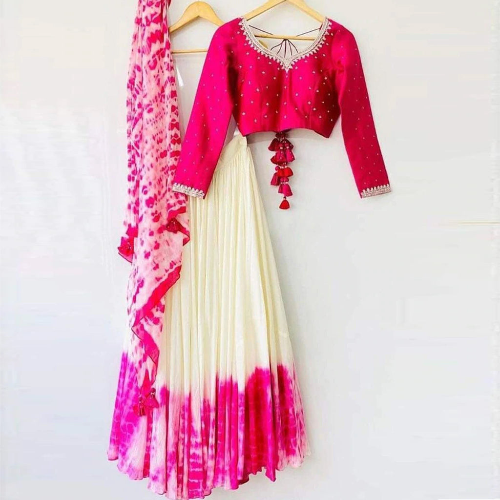 Shibori Marble Dyed Lehenga with Raw Silk Hand Embroidered Blouse In Multi Colors ClothsVilla