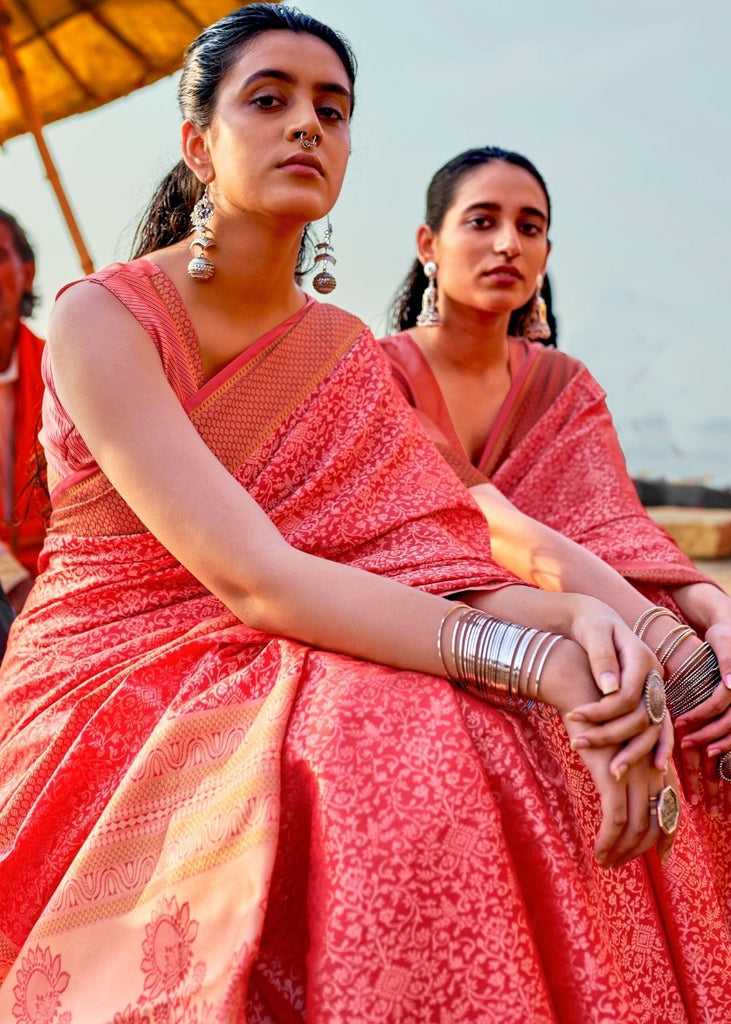 Crimson Red and Golden Blend Banarasi Woven Satin Silk Saree Clothsvilla