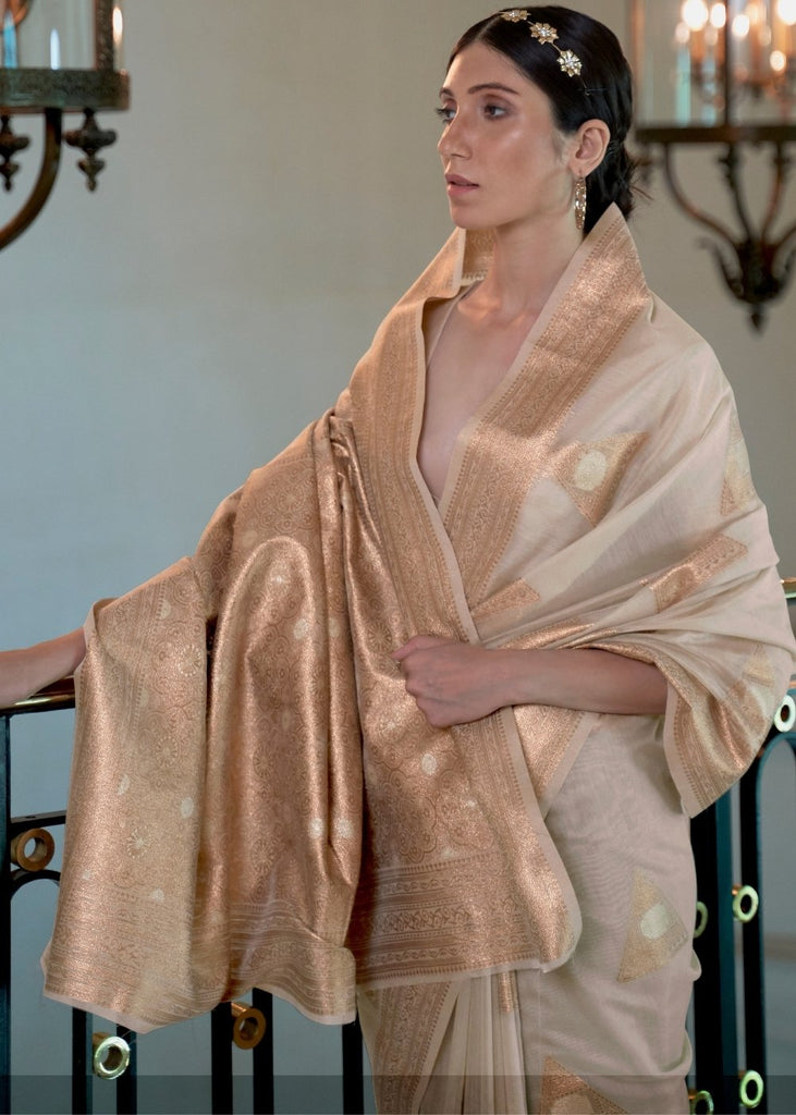 Wheat Brown Banarasi-Chanderi Fusion Woven Silk Saree Clothsvilla