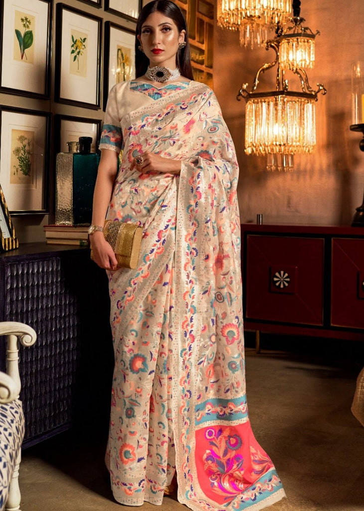 Daisy White Banarasi Jamawar Woven Silk Saree : Top Pick Clothsvilla