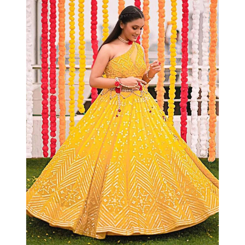 Yellow Lehenga Choli in Georgette with Embroidery and Mirror Work ClothsVilla