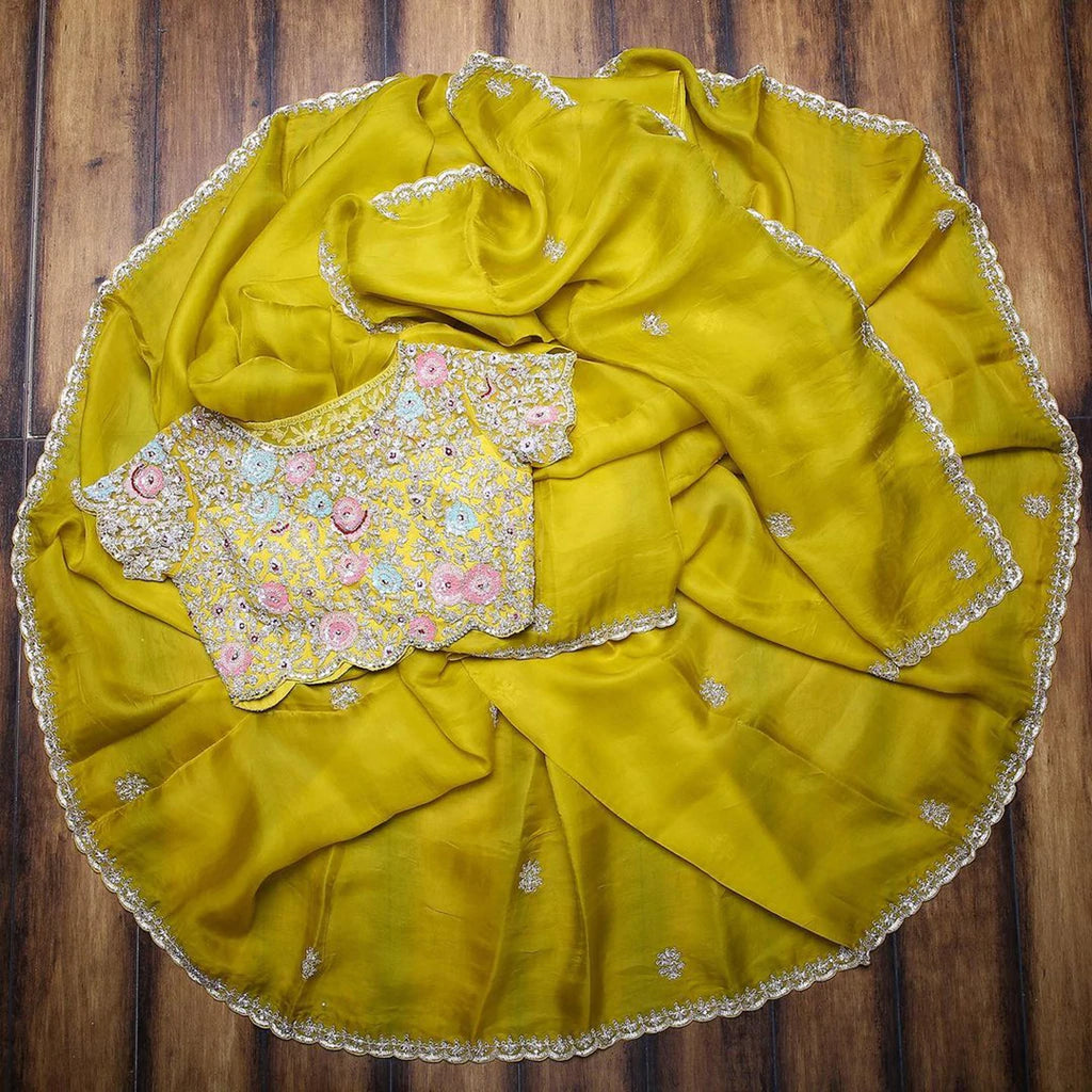 Yellow Organza Saree with Heavy Embroidery work and Unstitched Blouse ClothsVilla