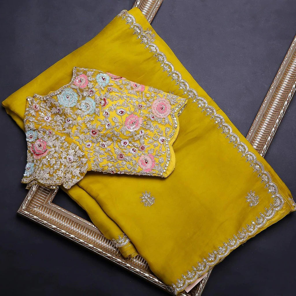 Yellow Organza Saree with Heavy Embroidery work and Unstitched Blouse ClothsVilla